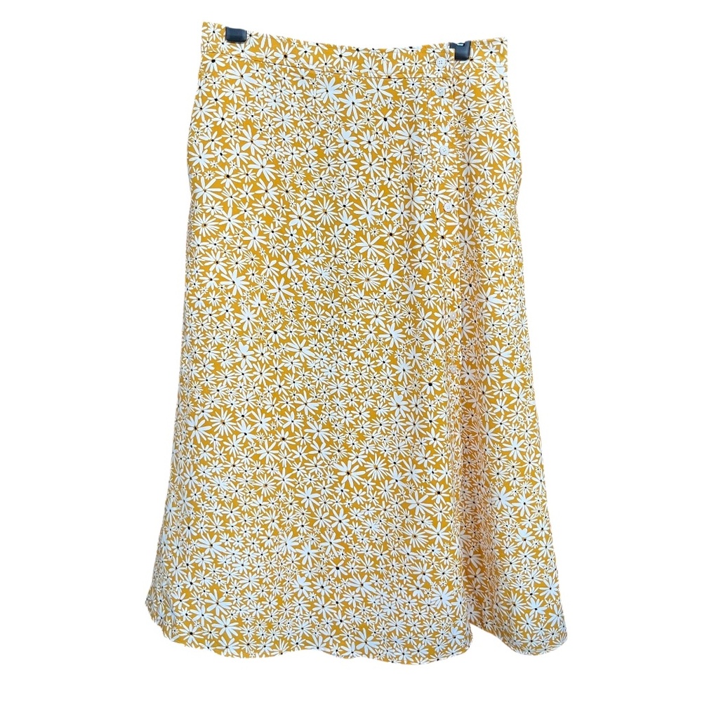 UNIQLO Yellow Floral Printed Button Front Slit Midi A-Line Skirt Size L EUC